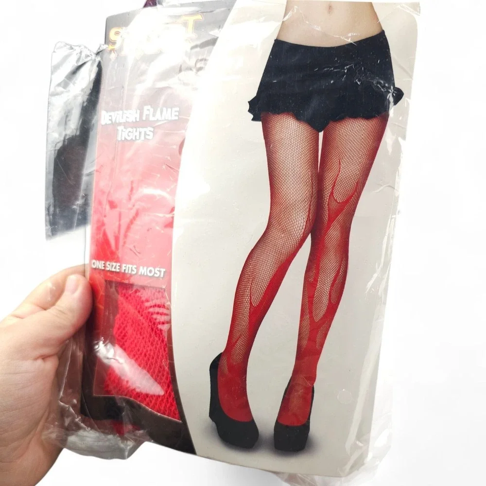 Spirit Halloween Devilish Flame Tights Red Fishnet Stockings Fire Devil Costume